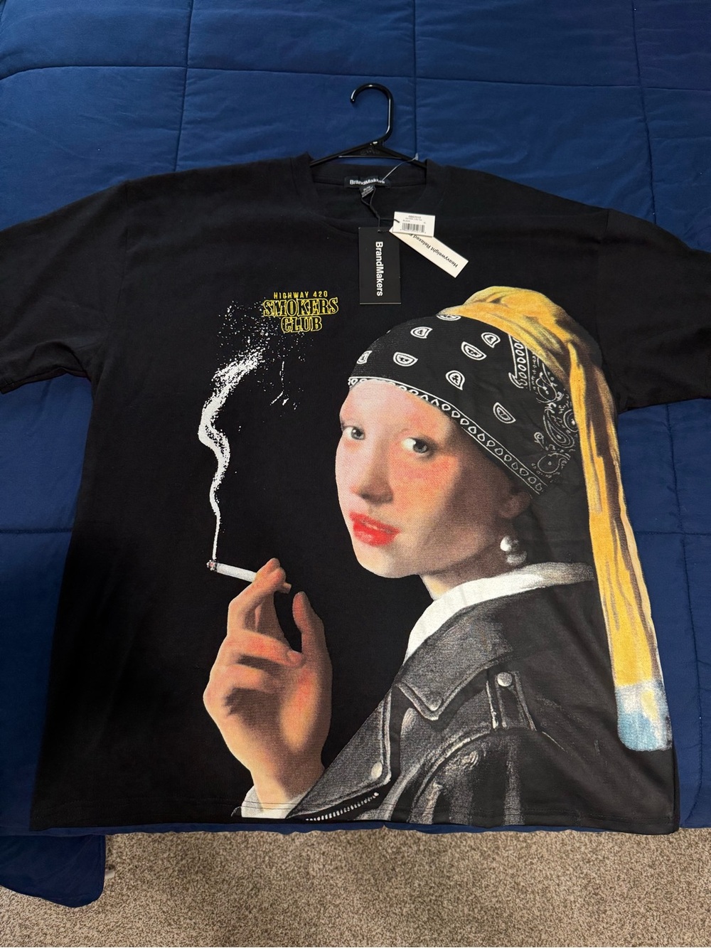 NWT Brandworks Black Graphic Girl with Pearl Earring Tee Smoking